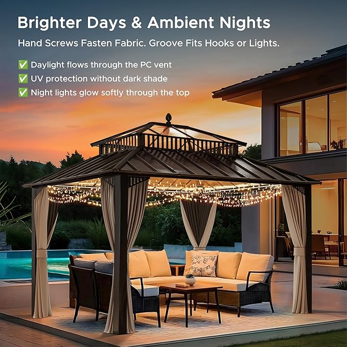 SUNJOY Kingston 12' x 10' Hardtop Gazebo with Galvanized Steel/Polycarbonate Double Roof, Curtain and Netting, Brown Aluminum Posts Permanent Pavilion Gazebo for Garden, Patio, Deck, Lawn