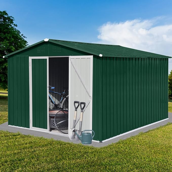 Metal Garden Sheds 8ft×10ft Outdoor Storage Sheds Green + White, for Backyard, Patio, Poolside