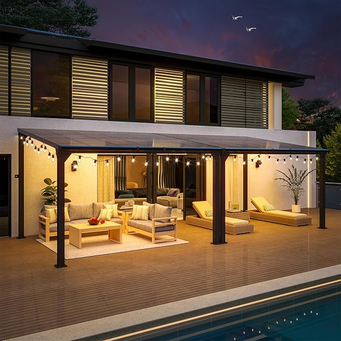 10 * 24FT Wall Mounted Gazebo,4*4 Inch Thickened Pillars & Enlarged Base,Outdoor Hardtop Lean to Pergola,UV Resistant Polycarbonate Roof,Aluminum Frame Pergola,Outdoor Patio Awnings for Lawn