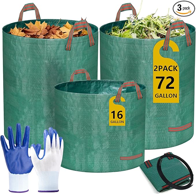 Reusable Yard Waste Bags – 3 Pack (2 x 272 Gallons + 1 x 16 Gallons), Heavy Duty Garden Leaf Bags with Reinforced Handles and Gardening Gloves for Lawn Cleanup, Debris, and Recycling