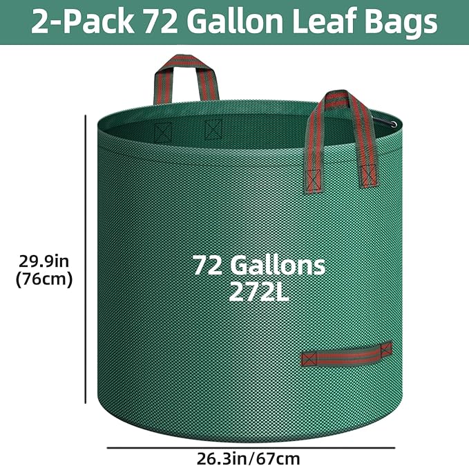 2-Pack 72 Gallons Leaf Bags, Reusable Yard Waste Bags, Heavy Duty Upright Lawn Bags with 4 Handles for Garden Leaves and Waste Collection, Lightweight Portable Yard Trash Bag