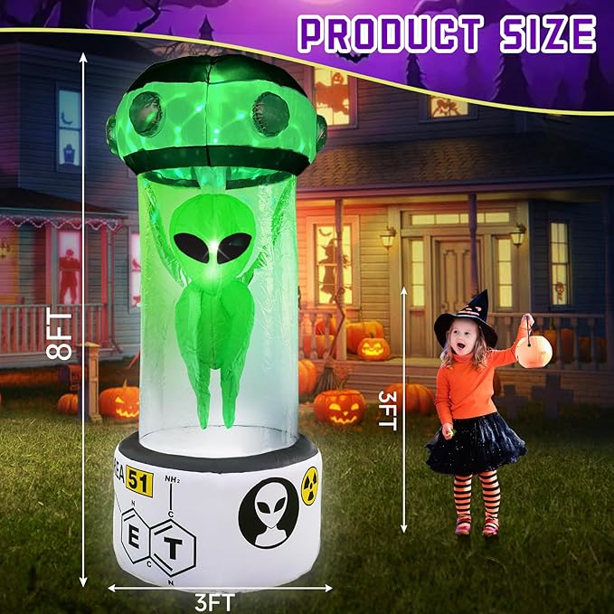 DearSun 8FT H Towering Halloween Inflatable Alien, Huge Halloween Outdoor Decoration,Blow Up Area 51 UFO Alien with Built-in LED Light Strong Blower for Large Party Yard Decoration
