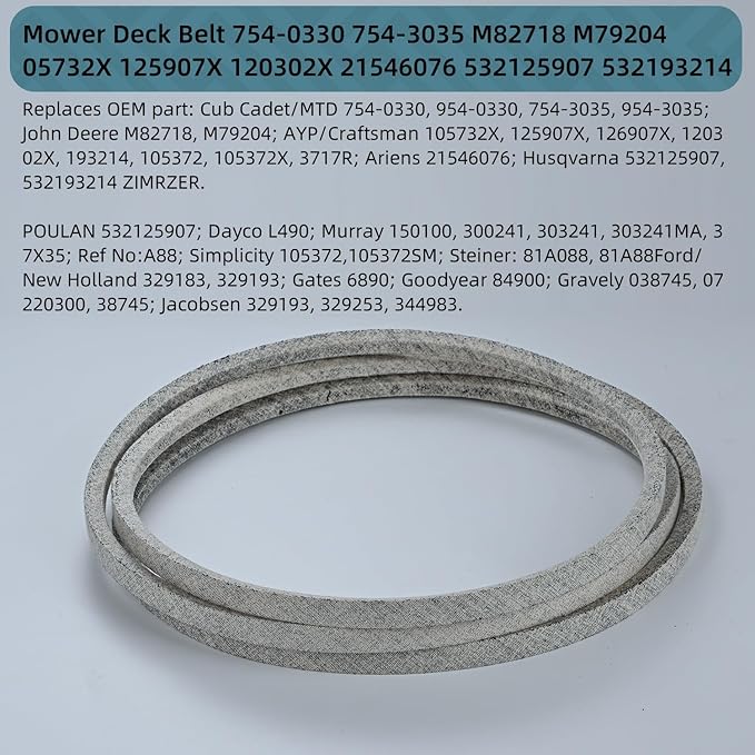 1/2 x 90'' Mower Belt for Cub Cadet MTD 754-0330 754-3035 John Deere M82718 M79204 AYP Craftsman 105732X 125907X 120302X Ariens 21546076 Husqvarna 532125907 532193214 Kevlar Lawn Mower Belt (193214)
