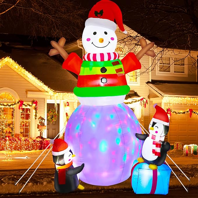 8FT Christmas Inflatables Outdoor Decorations Ugly Sweater Snowman Inflatable Yard Decorations with Rotating LED Christmas Blow-up Yard Decorations for Outdoor Indoor Lawn Garden