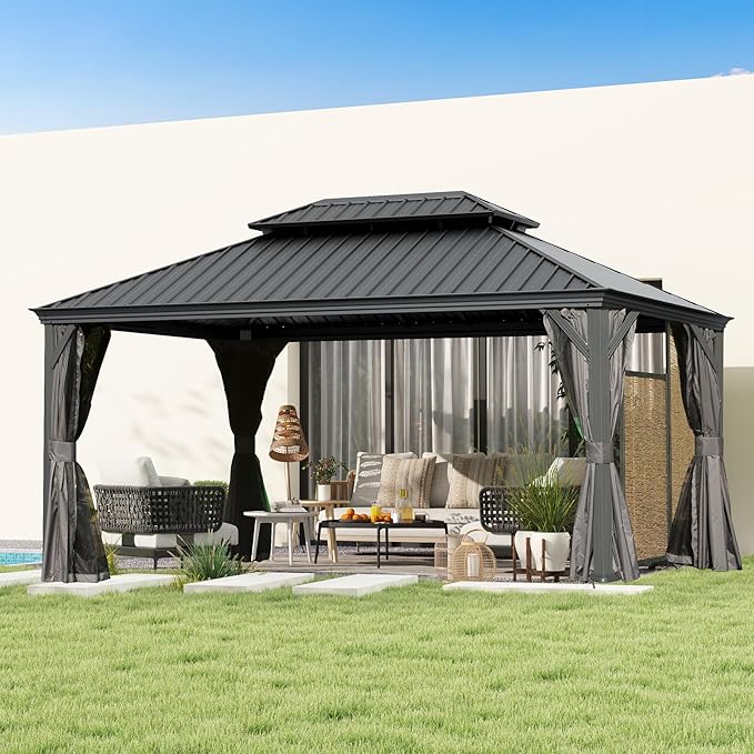 Domi 12x14FT Outdoor Gazebo, Hardtop Gazebo with Galvanized Steel Double Roof, Metal Gazebos with Drainage System Patio Pergola for Patio Deck Backyard,Curtain and Netting, Gray