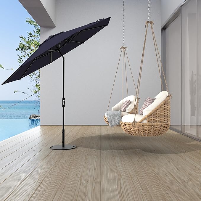 Midtown Umbrellas The Swilt 9 Feet Patio Umbrella in Terylast Navy (Navy Blue) Polyester Fabric - Fiberglass Ribs, Auto-Tilt Aluminum Frame For Backyard, Deck, Garden, Pool - White Pole