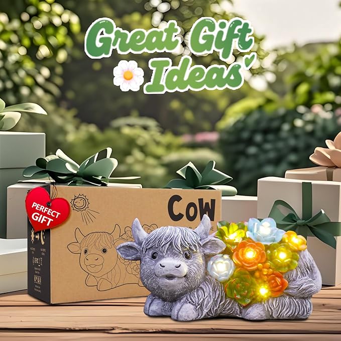 Nacome Solar Garden Statues Highland Cow with Succulent and 6 LED Lights - Lawn Decor for Patio Balcony Yard Ornaments - Birthday Gifts Mom Grandma Women(Grey)