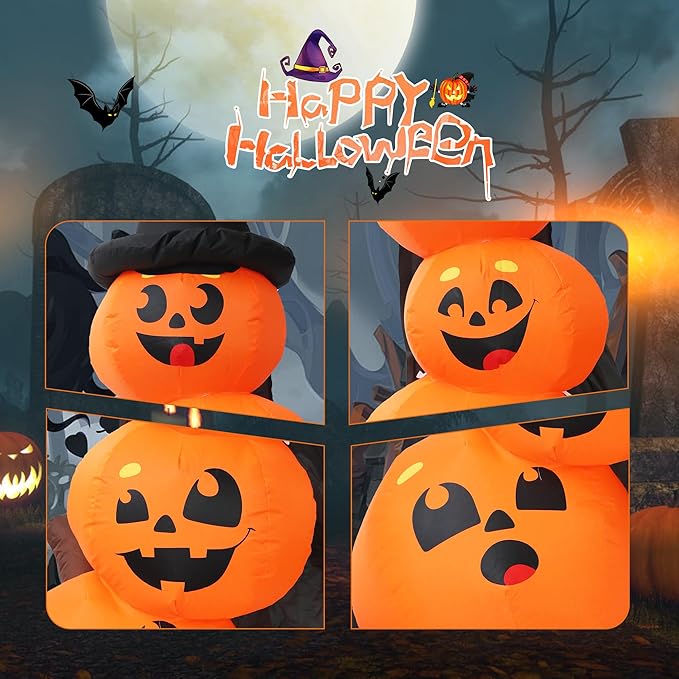 DearSun 6FT H Halloween Inflatable Stacked Pumpkins with Witch’s Hat, Blow up 4 Pumpkins Inflatable with Build-in LED Lights Outdoor Decorations Large Party Yard Decoration