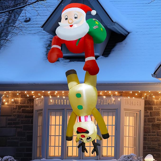 DR.DUDU 7 FT Christmas Inflatable Outdoor Decorations, Blow Up Santa Claus with Reindeer Hanging Xmas Inflatables Decor with LED Lights for Yard Lawn Porch Garden Holiday Party