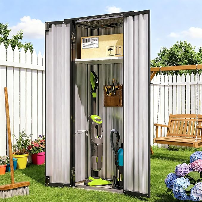 Outdoor Storage Cabinet Outdoor Metal Shed with 2 Adjustable Shelves 3 Layer Indoor& Outdoor Waterproof Vertical Storage Shed for Patio Garden, Garage, Porch (Black, 2.5'x1.5')