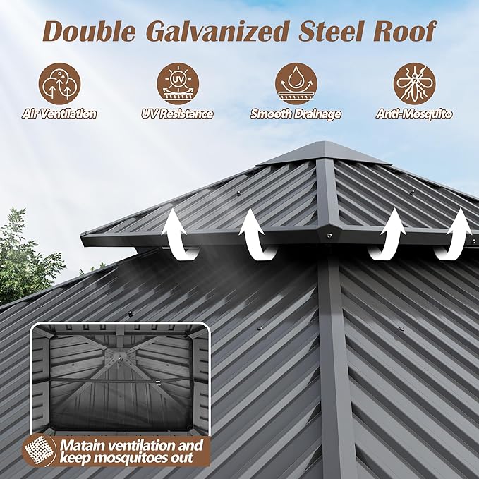 8.5 x 8.5FT Wood Gazebo,Outdoor Wooden Hardtop Gazebo with Galvanized Steel Doule Roof,Cedar Wood Frame Gazebos with Netting &Curtains for Backyard Deck