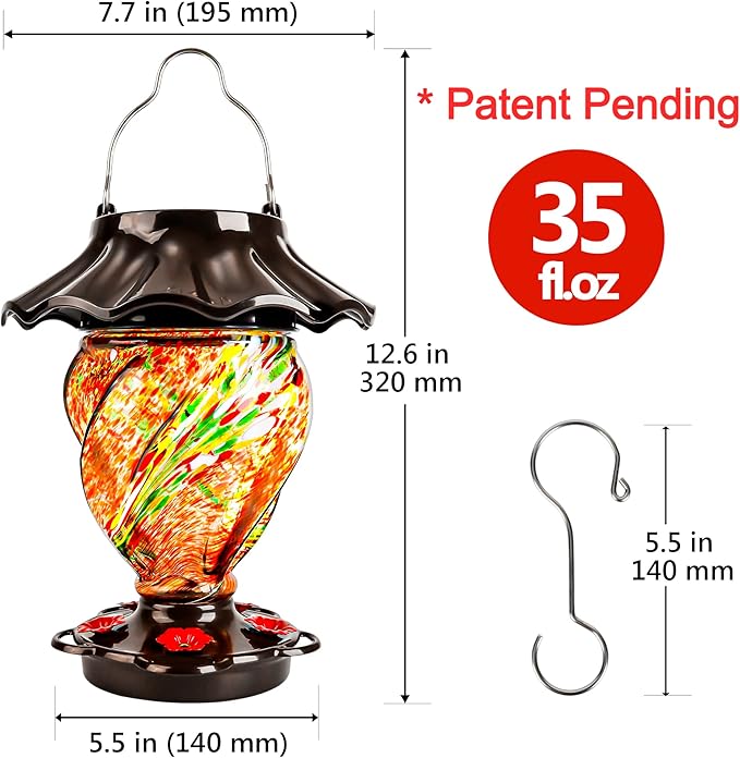 LUJII Solar Hummingbird Feeder for Outdoors Hanging with Color Changing, Hand Blown Glass, 35 fl.oz, Never Leak, Lighted Lantern for Garden Decoration, Unique Gift for Bird Lovers, Red