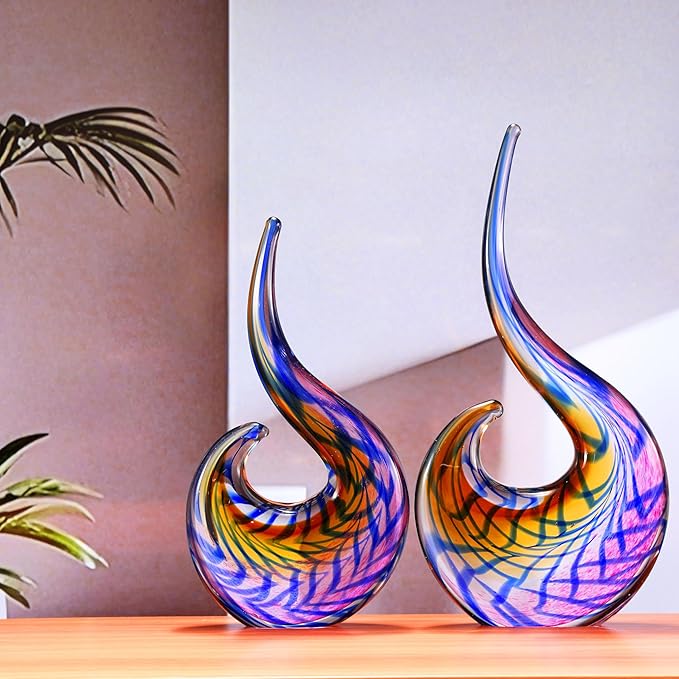 Luxury Lane Hand Blown Abstract Peacock Sommerso Art Glass Sculpture for Home Decor 12 inch Tall Centerpiece Table Decoration