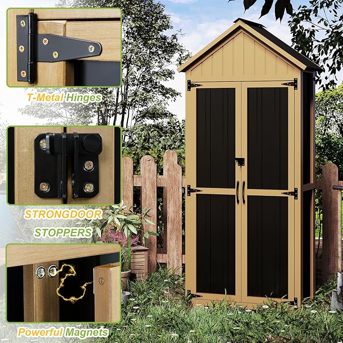 Outdoor Storage Cabinet with Shelf, Wood & Metal Storage Shed with Lockable Doors & Sloping Roof, Outdoor Cabinets for Patio Backyard, Garden Shed Tool Shed and Accessories, Brown