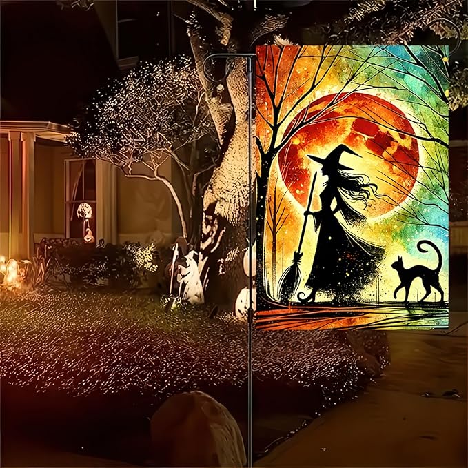 Halloween Garden Flag 12 X 18 Flag Witch And Black Cat Garden Flag Witch And Cat Design Moonlight Silhouette And Colorful Night Sky For Outdoor Yard And Patio Lawn Decoration Banner