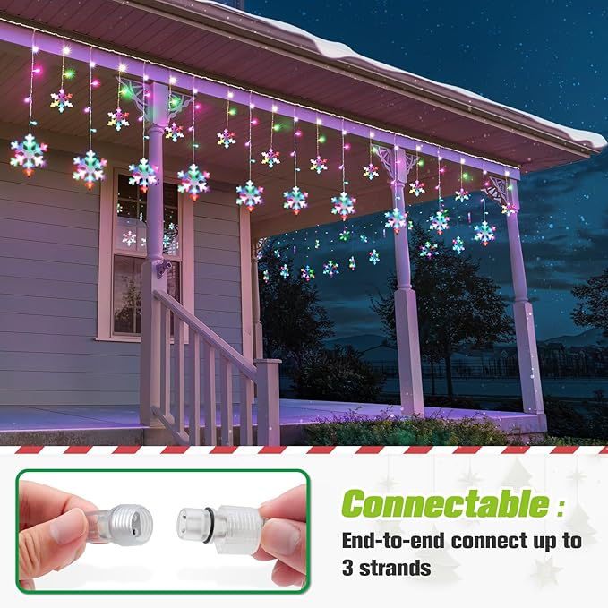 Christmas Snowflake Lights Outdoor, 16.73ft Outdoor Led Icicle Christmas Lights with 20 Drops, Waterproof Icicle String Light for Eaves, Window, Curtain Xmas Decorate