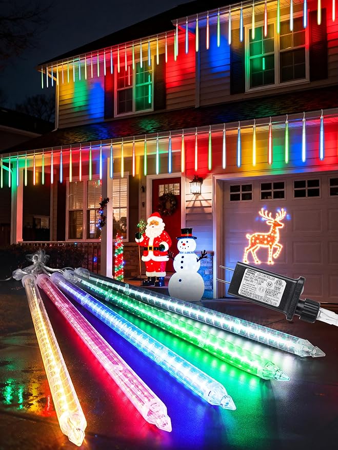 Flacchi Meteor Shower Icicle Lights - 5 Tubes 20" Each 270 LED Cascading Raindrop Lights, Timer Outdoor Waterproof Christmas Decorations for Holiday Party(5 in 1 Multi-Colored)