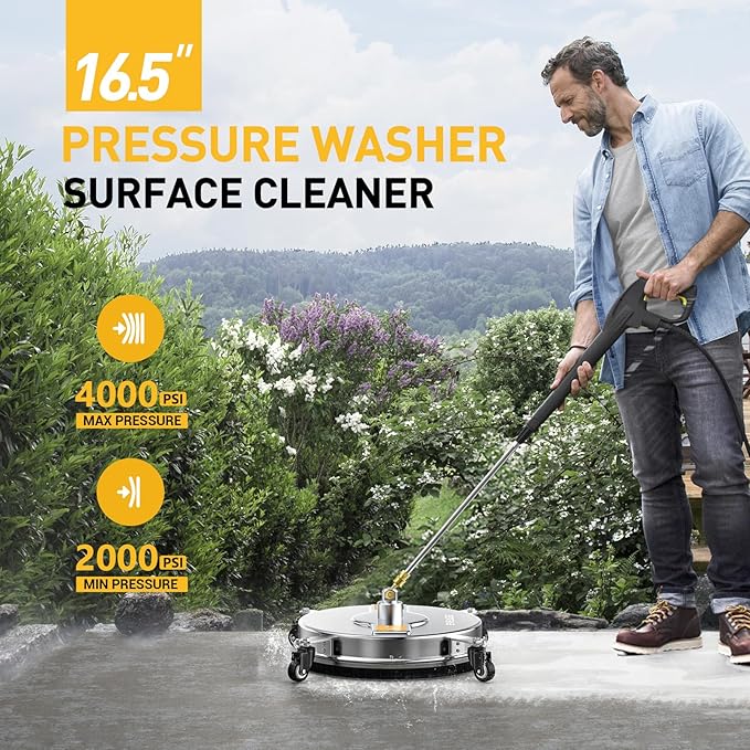 EVEAGE 16.5" Pressure Washer Surface Cleaner, Power Washer Surface Cleaner w/Extension Wand & Replacement Nozzle, 4 Wheels - Powerful Pressure Washer Attachment for Patios,4000PSI