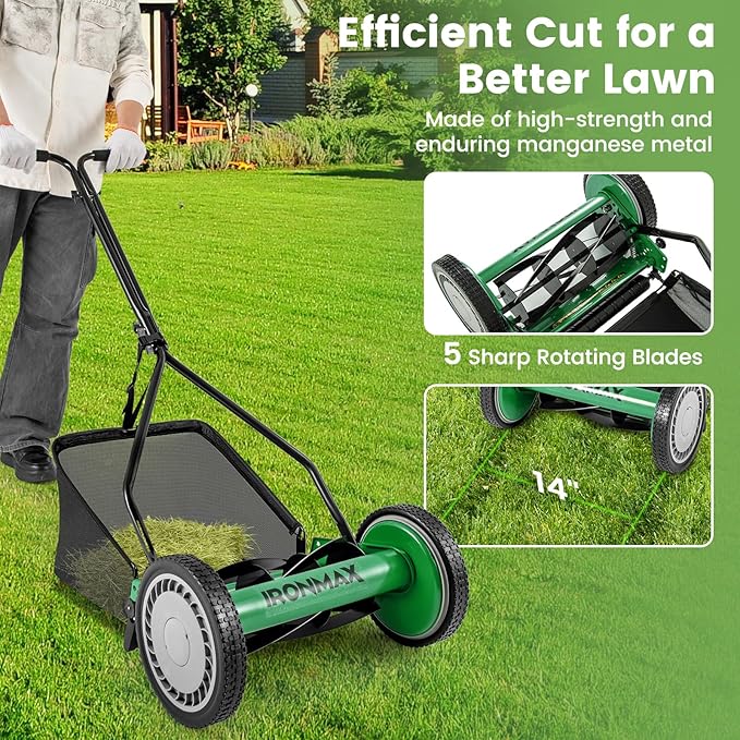 Goplus Manual Lawn Mower, 14 Inch 5-Blade Walk-Behind Cordless Grass Cutter with 7 Gallon Removable Grass Collect Bag, Adjustable Cutting Heights, Push Reel Lawn Mower for Yard, Garden