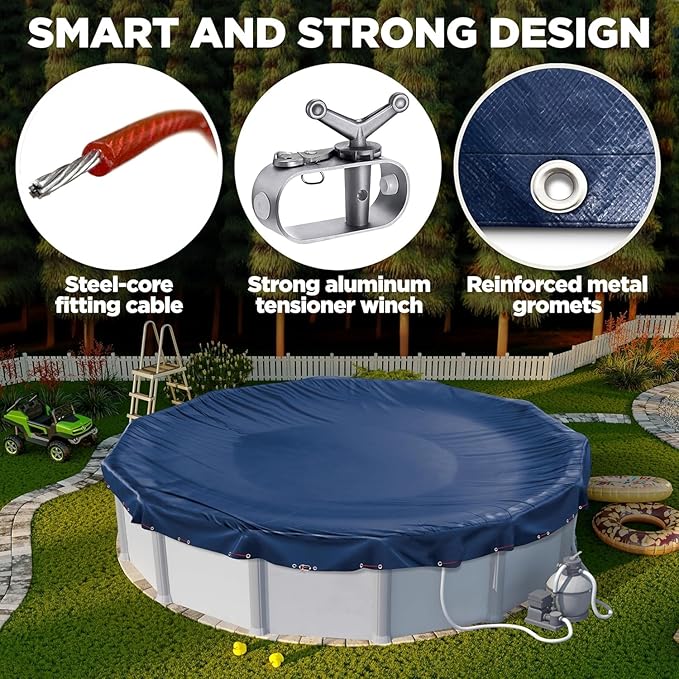 33 ft Round Pool Cover for Above Ground Pools, Above Ground Pool Cover, Swimming Pool Cover, 33 Foot Round Winter Pool Cover, Keeps Out Debris, Cold and UV Resistant, Supreme Mesh, Navy Blue