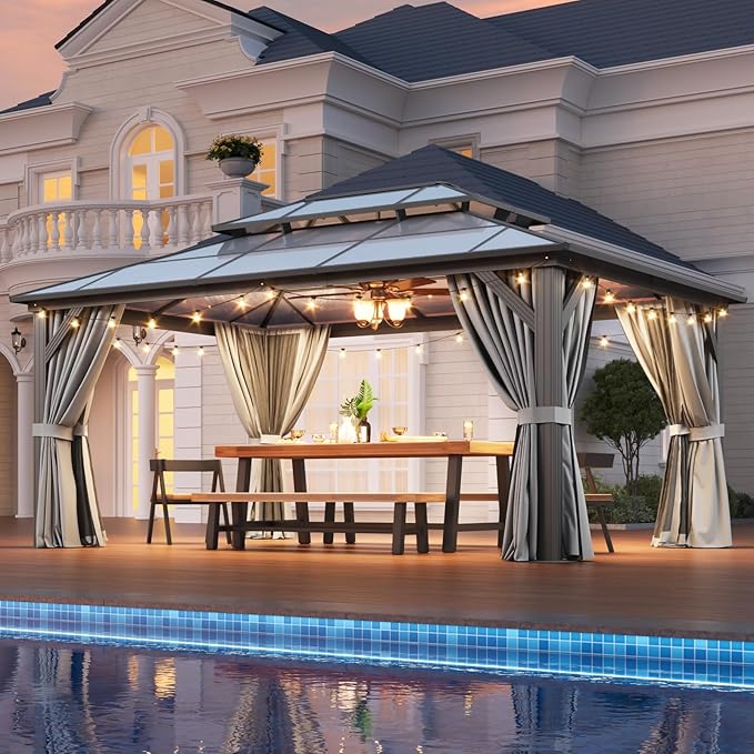 Aoxun 12'x16' Hardtop Gazebo, Aluminum Frame Permanent Pavilion with Curtains and Netting, Outdoor Polycarbonate Double Roof Canopy, Designed for Garden, Lawns (Gray)