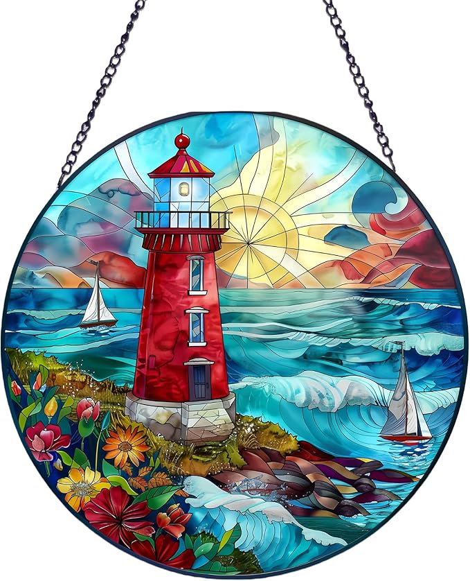 Suncatcher Stained Glass Window Hanging - Lighthouse Glass Panel with Metal Chain and Hooks Handmade Sun Catcher Decoration for Window Garden Home Christmas & Birthday Gifts (8 Inch)