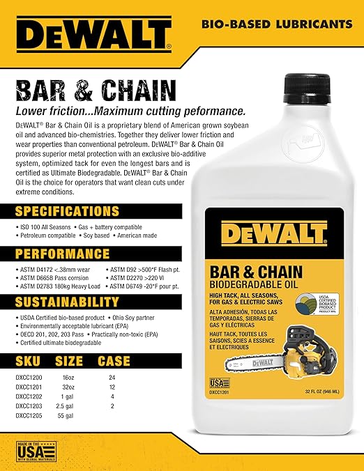 DEWALT – Biodegradable Bar & Chain Oil – Green, Eco-Friendly, Non-Toxic Professional Bar & Chainsaw Lubricant – Ultraclean All-Season Oil for Gas, Electric Saw, and Pole Saw, 32 oz