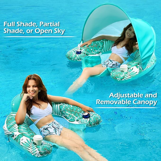 Jasonwell Pool Float with Canopy - Inflatable Pool Floaties Adult Floating Pool Chair Lounge Floats for Swimming Pool Water Chair Pool Lounger with Cup Holders Pool Toy Party Floaty for Adults