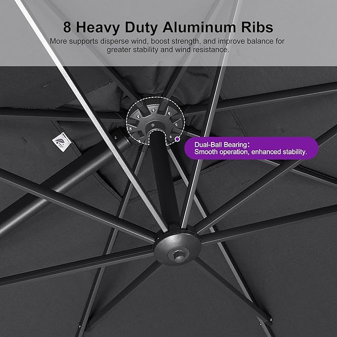PURPLE LEAF 9 FT Cantilever Patio Umbrella with Base Outdoor Aluminum Offset Square Umbrella with 3 Years Fade Resistance Recycled Fabric and 360-degree Rotation for Deck Pool Garden, Mist Grey