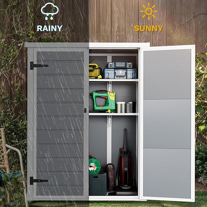 DWVO 49 Cuft Outdoor Tall Storage Shed with 2 Shelves, Weatherproof Vertical Tool Shed with Floor & Lockable Doors, Sturdy Double-Wall Plastic Cabinet for Garbage Cans and Garden Equipment (Gray)