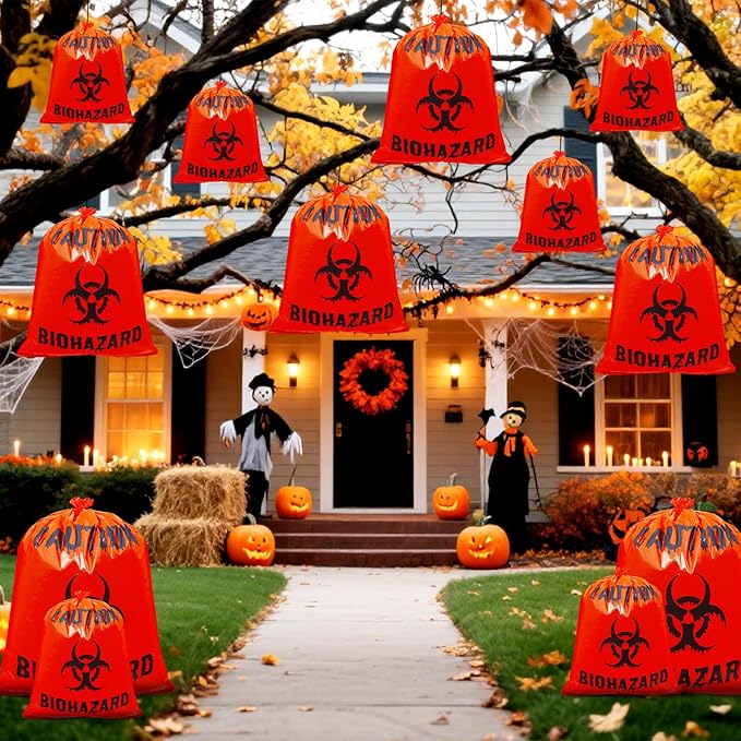 12 Pcs Large Halloween Leaf Bags Biohazard Halloween Decorations Halloween Trash Bags for Leaves Plastic Yard Lawn Waste Bags Scientist Biohazard Bags Outdoor Biohazard Zombie Party Decorations (Red)
