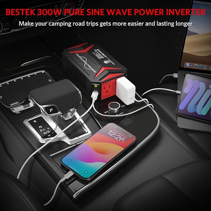 BESTEK 300W Pure Sine Wave Power Inverter - DC 12V to 110V AC Car Converter Plug Adapter Outlet with PD30W USB-C Fast Charger - Vehicle Cigarette Lighter Adapter for Laptop