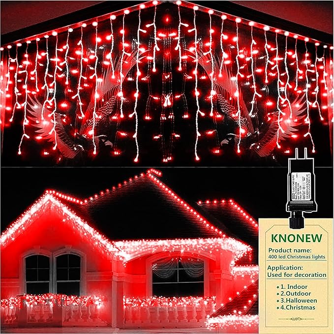 KNONEW Christmas Lights Outdoor Decorations 400 LED 33ft 8 Modes Curtain Fairy String Light with 75 Drops, Clear Wire LED Hanging Light Decor for Wedding Party Holiday Christmas Decorations (Red)