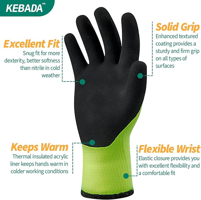 Kebada T3 Winter Work Gloves for Men and Women, Warm Knit Cold Weather Work Gloves, Thermal Insulated Freezer Gloves, 100% Latex Coating Non-slip Grip, Long Wrist Design, 1 Pair, Green, XX-Large