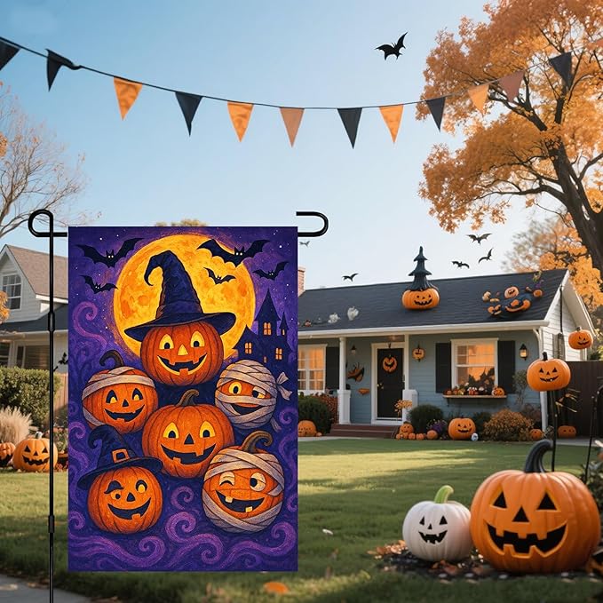 IVN Halloween Garden Flag 12x18 Inch Double Sided Pumpkin Mummy Witch Hat Outdoor Yard Flag for Outside Front Door Lawn Porch Patio Welcome Decor