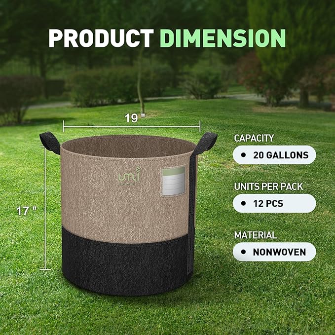 UMIG 12 Pack 20 Gallon Grow Bags, 300G Thick Non-Woven Fabric Cloth Smart Planter Pots with Handles, Black Camel Large Outdoor Garden Bags for Plants, Vegetable, Flowers