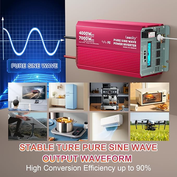 4000 Watt Pure Sine Wave Inverter 12V DC to 110V 120V AC Surge Peak 7000 Watt for 2s | 2025 New Upgraded, Compatible with Lithium Battery, for Home Car Off-Grid Solar System RV Truck Vehicle LEESKY