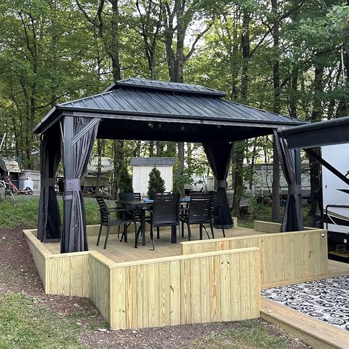 Domi 10’ X 12’ Hardtop Gazebo Canopy with Netting & Curtains, Outdoor Aluminum Gazebo with Galvanized Steel Double Roof for Patio Lawn and Garden, Gray