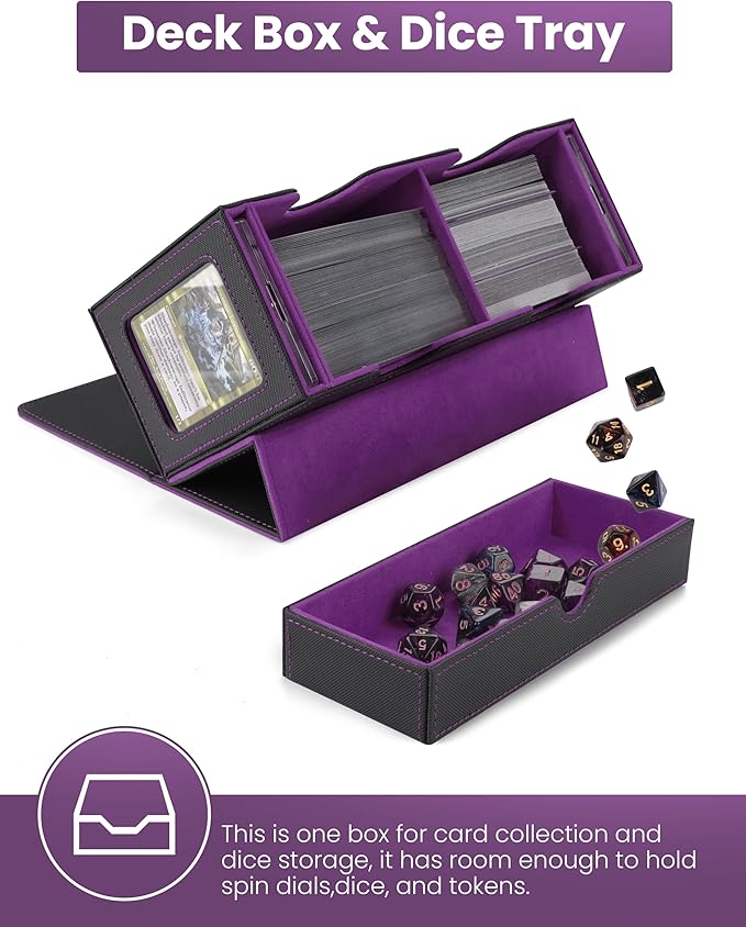 MRAUF MTG Deck Box with Double Commander Display and Dice Tray, Fits 200+ Double Sleeved Cards, Card Storage Box Plus 2 Magnetic Holders& 100Pcs Card Sleeves (Black& Purple)