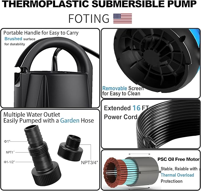 FOTING Sump Pump Automatic 3/4HP Clean/Dirty Submersible Water Pump, 3500GPH Utility Pump Thermoplastic Electric Portable Transfer Water Pump for Swimming Pool Garden Pond Basement with 16ft Long Cord