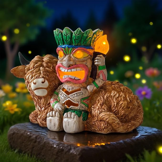 Funny Tiki Highland Cow Solar Garden Statue with LED Light - Outdoor Yard Lawn Patio Decor - Great Birthday Housewarming Gift for Women, Mom, Grandma