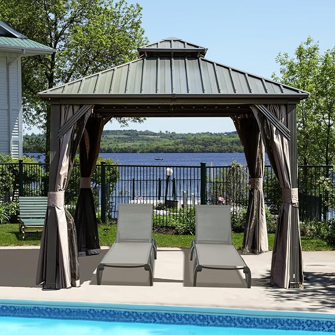 Domi 8’ X 8’ Hardtop Gazebo Canopy with Netting & Curtains, Outdoor Gazebo with Galvanized Steel Double Roof for Patio Lawn and Garden, Gray