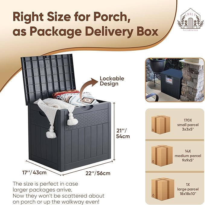 33 Gallon Deck Box Set of 2, Small Outdoor Storage Box Waterproof, Lockable Secure Package Bin Delivery Box for Outside, Patio Cushions Storage Box, Delivery Driver Snack Box for Porch, Grey