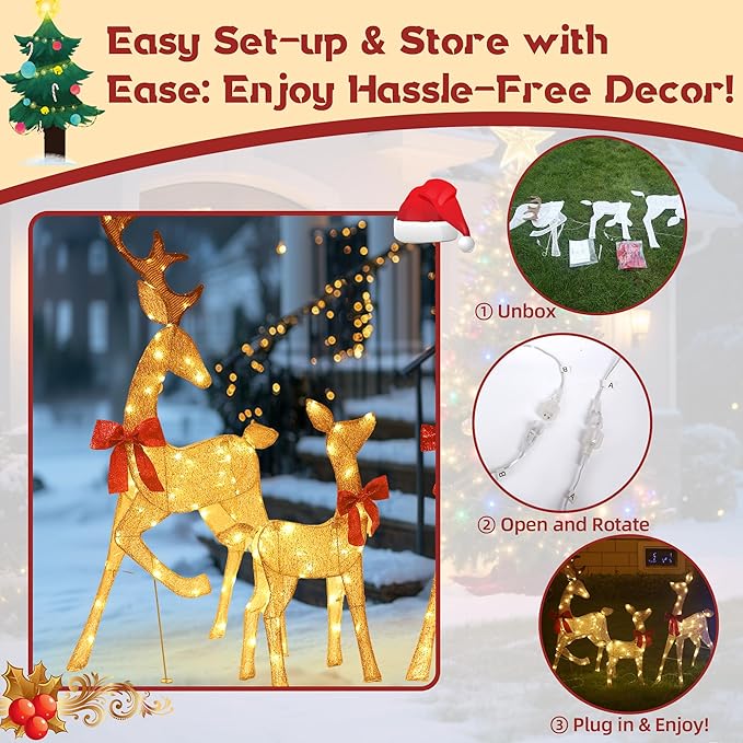 4.5Ft Lighted Reindeer Outdoor Christmas 2D Deer Family Sets Outdoor Reindeer Christmas Yard Decoration with LEDs/Stakes/Zip Ties for Holiday Patio Lawn Garden