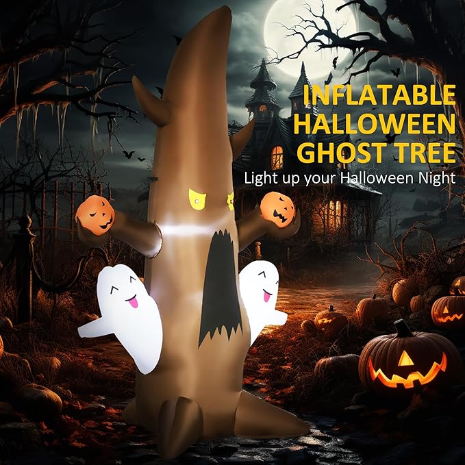 5ft Inflatable Halloween Decoration Ghost Tree with Pumpkins, Waterproof Outdoor Decorations, Blow Up LED Yard Decor for Garden, Lawn, Party, Holiday