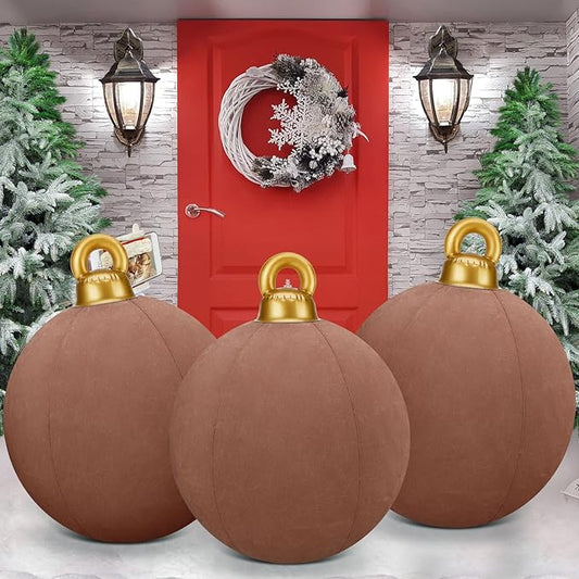 Jetec 3 Pcs 32 Inch Giant Velvet Christmas Inflatable Balls Ornament Flocked Xmas PVC Inflatable Flocked Ball Ornaments for Christmas Holiday Outdoor Blow up Yard Decor(Brown)