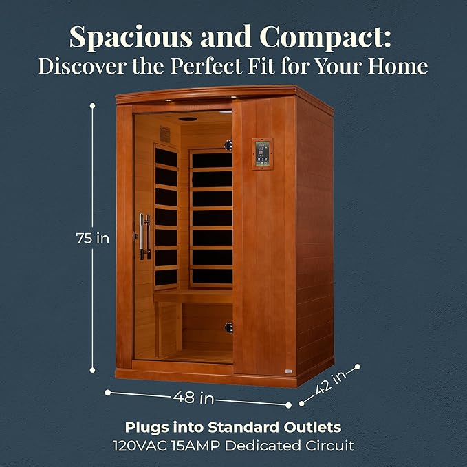 DYNAMIC SAUNAS Venice Elite 2-Person Ultra Low EMF FAR Infrared Sauna with Red Light Therapy & Bluetooth Speakers | Personal Indoor Dry Heat Sauna for Home & Gym – Made from Canadian Hemlock