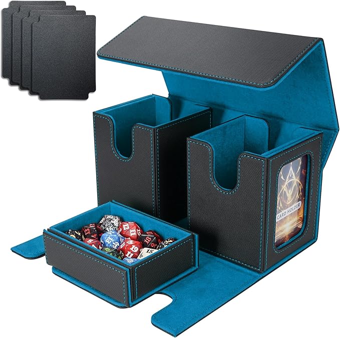 AFIING MTG Commander Card Storage Box - Fits 200 Double Sleeved Cards,3-in-1Card Deck Case,Strong Magnet Card Organizer For Magic Commander TCG CCG,4Dividers &2 Toploaders, Black/Cyan