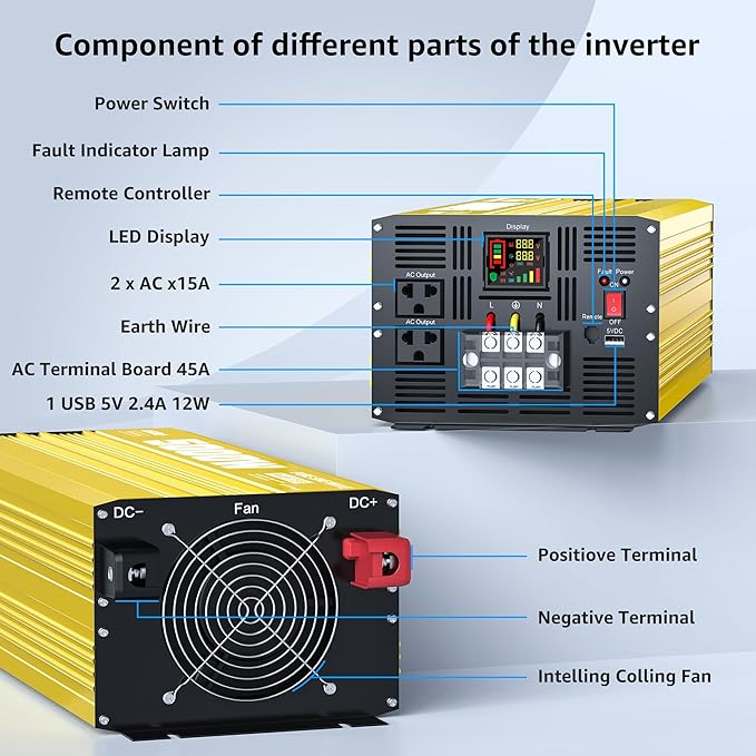 XWJNE 5000W Pure Sine Wave Power Inverter 24V DC to 120V AC Converter with LED Display and Remote Controller for Home, RV, Truck, Off-Grid Solar Power