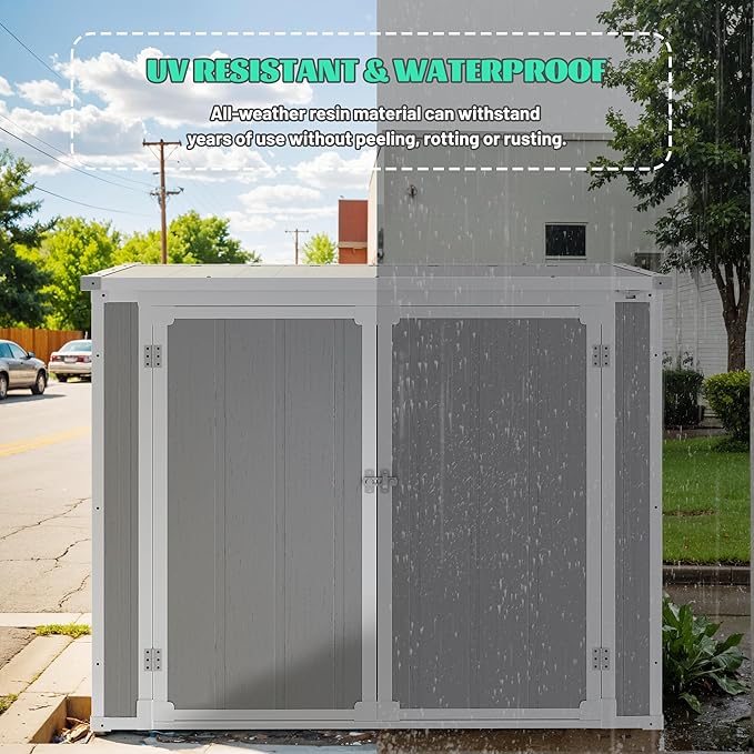 Seizeen 41 Cu.Ft Resin Shed with Floor, 4.7x2.5 FT Outdoor Horizontal Storage Shed for Trash Cans and Garden Tools, Waterproof Outdoor Plastic Shed for Lawn Mower, Pool Toys, Bicycle (Light Gray)